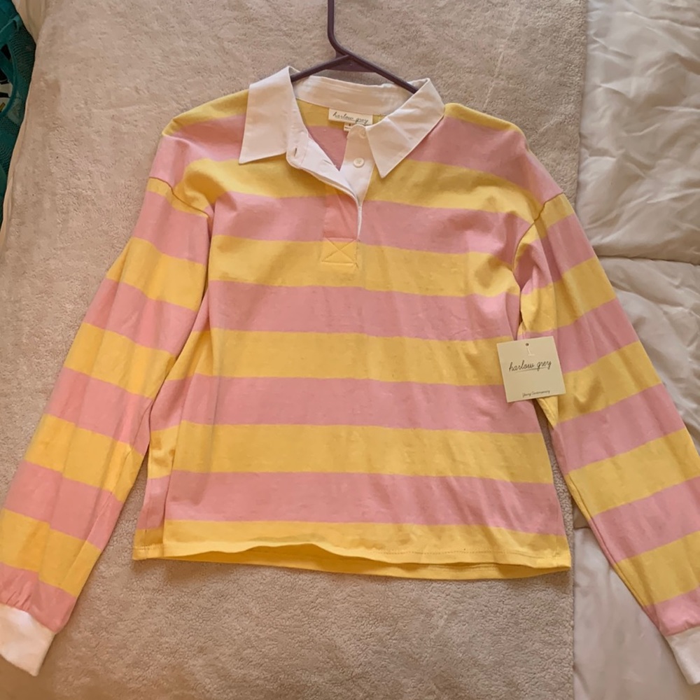 yellow and pink striped & collared shirt from “harlow grey” in size small